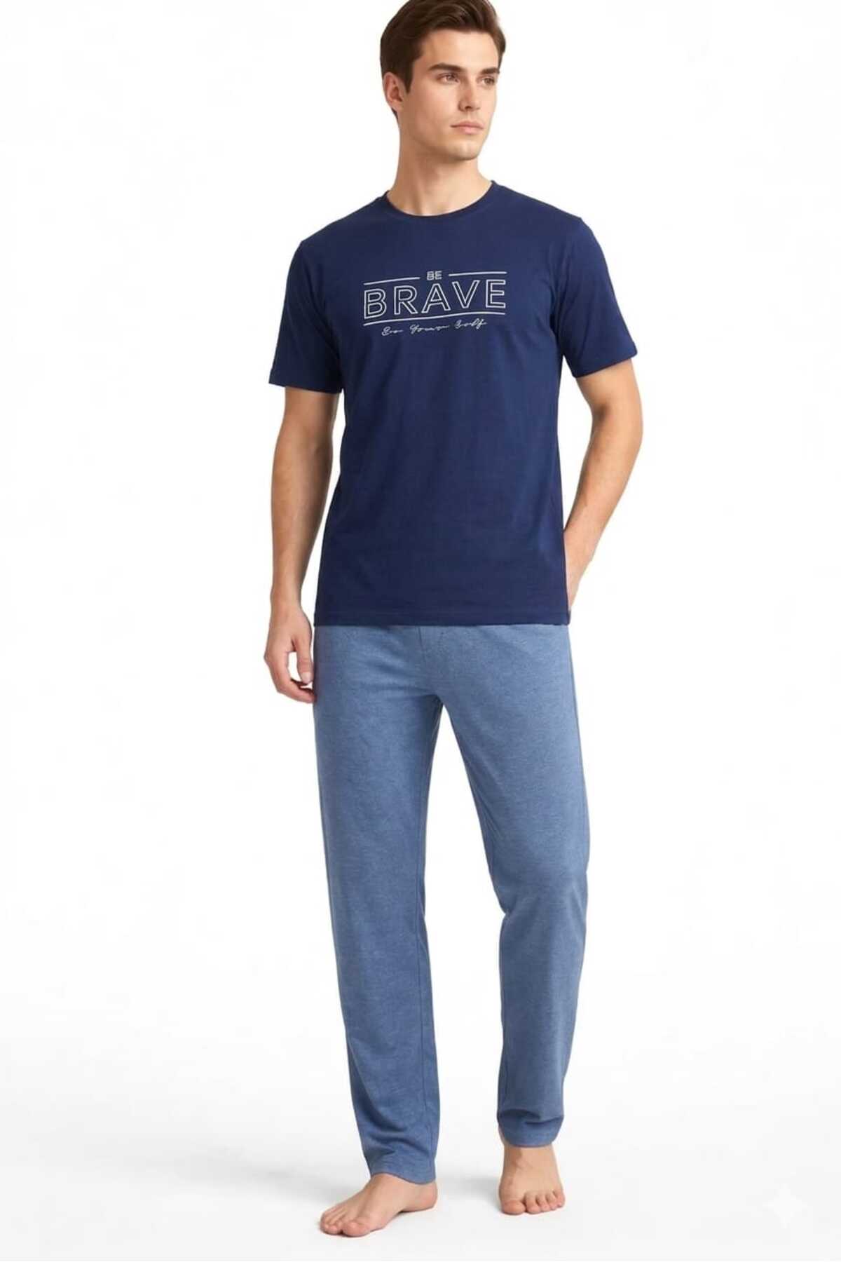 Sude HOMEWEAR Erkek Kısa Kol Lacivert Renk Önü Yazılı Pijama Takımı görsel 3