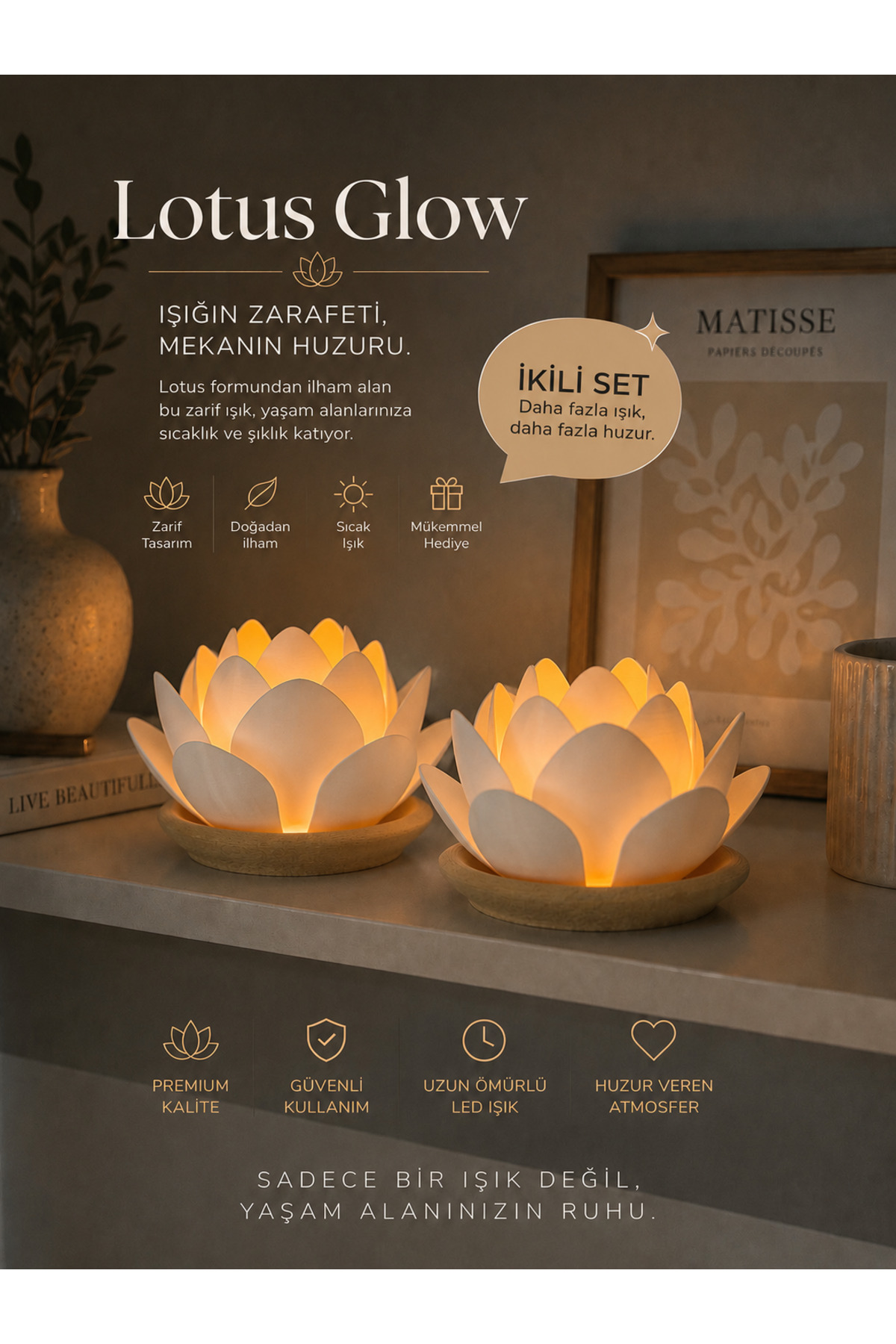 Lotus Double Set led Candle Holder – Decorative Lotus Flower Night Light – Bioplastic Design – 8.5 x 7 cm ne