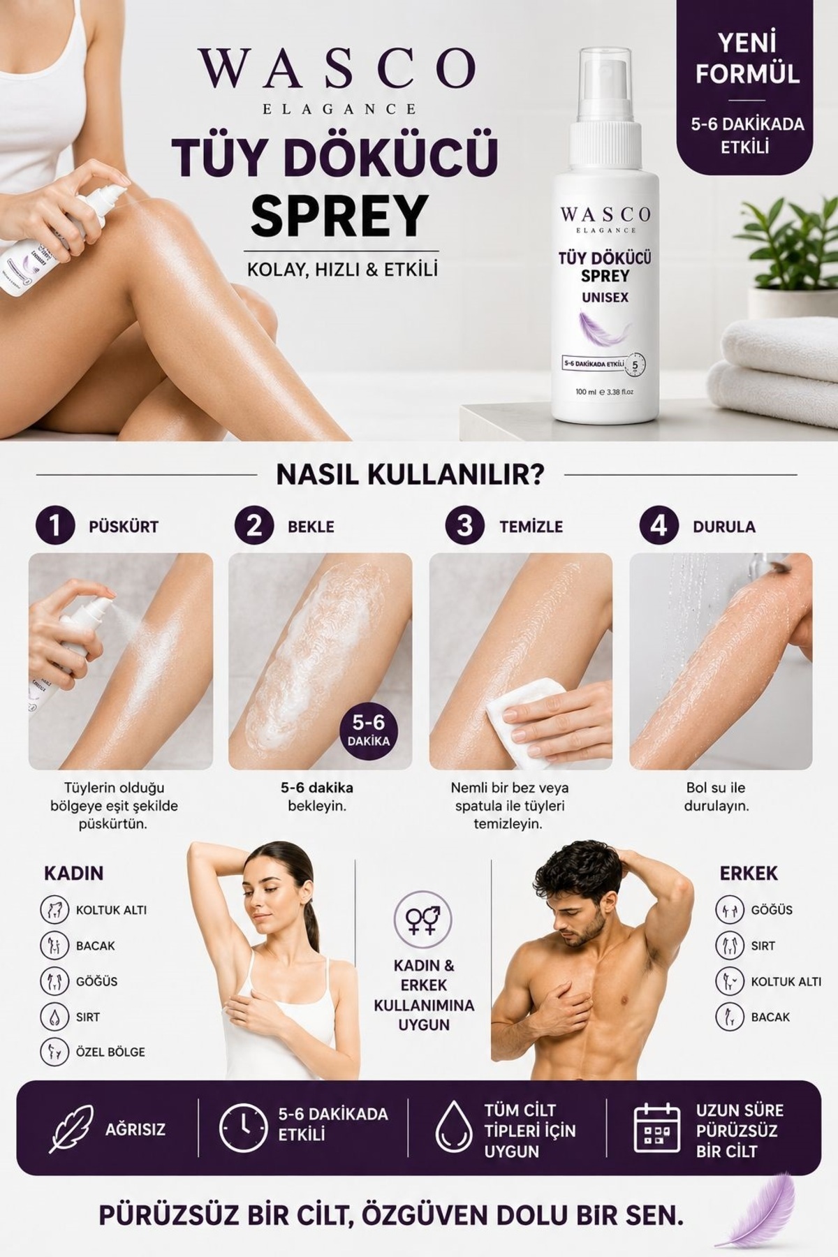 Unisex Tüy Dökücü Sprey 100 ml – Kadın & Erkek Kullanımına Uygun – Tüm Vücut Bakımı — was100tüy — تصویر 2 از 2