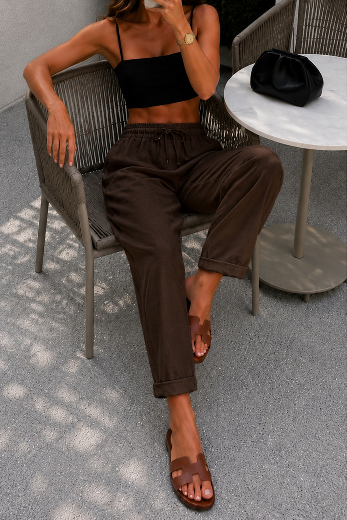 Women's Brown Linen Fabric Comfortable Trousers with High Waist Leg Folding (Does Not Show Inside)