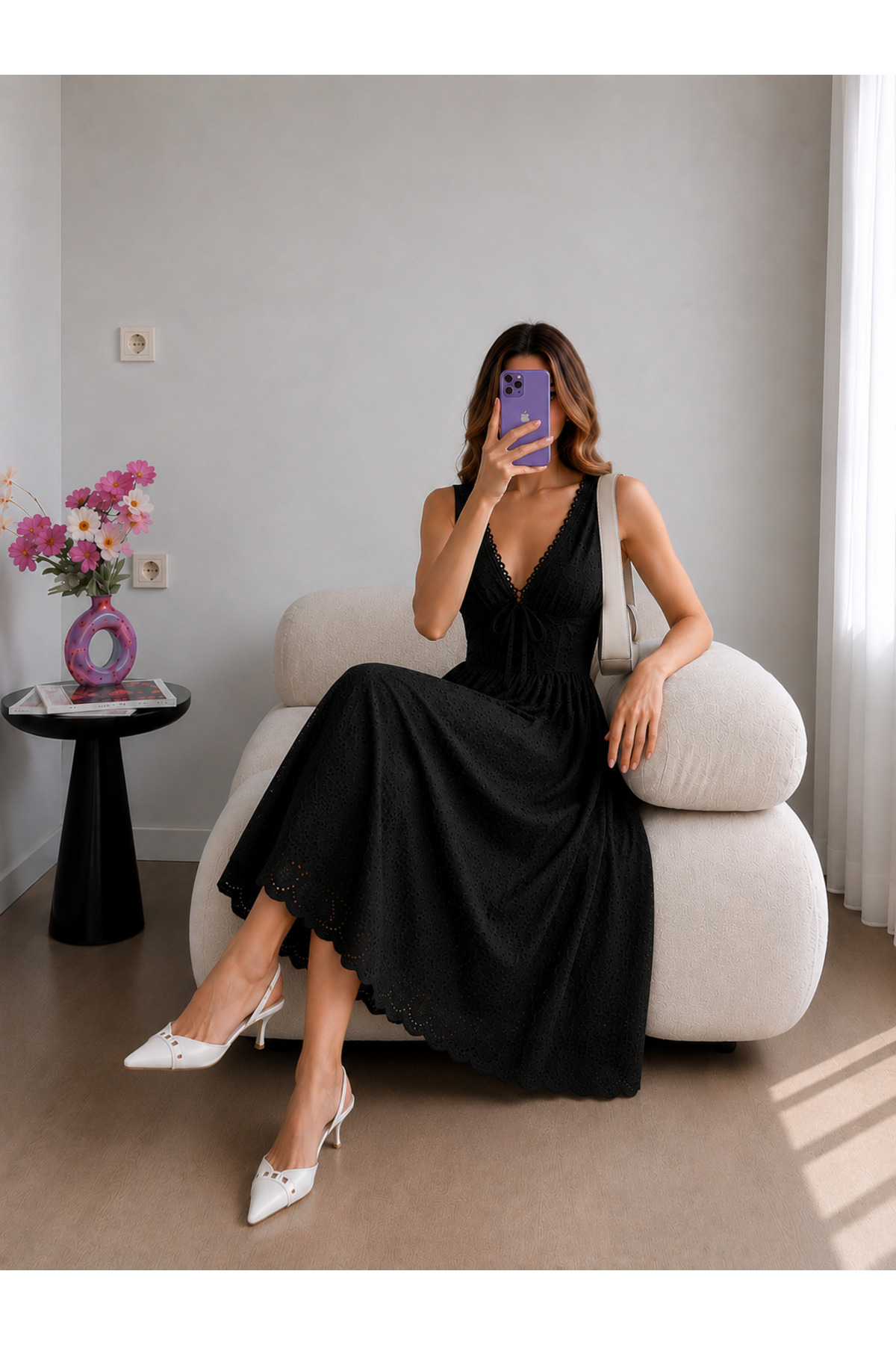 Ekim Store  Fistolu Bağcıklı Askılı Uzun Elbise - Görsel 2