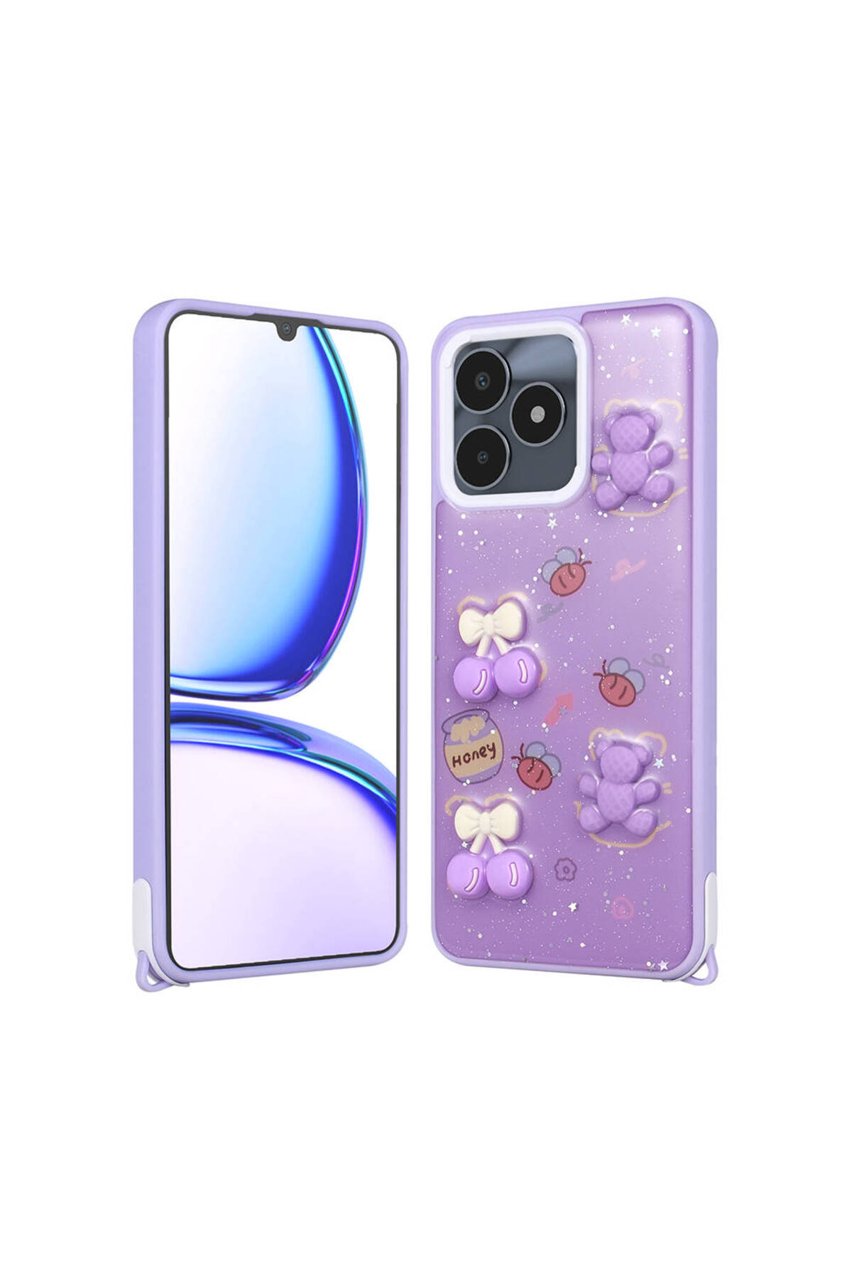 Realme C53 Kılıf Parlayan Simli Kabartma Figürlü NVTH Cevze Kapak - Mor Ayı