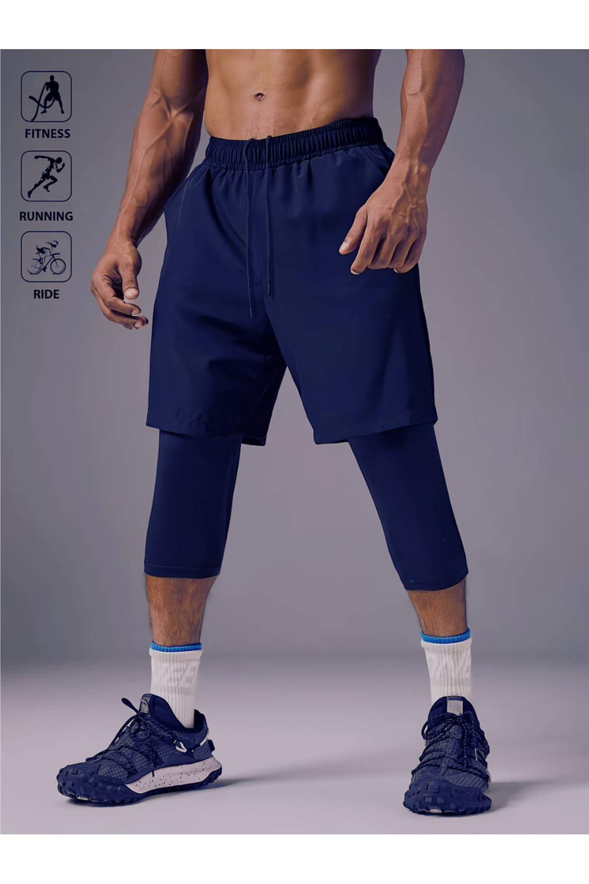 RUTBİL SPORTS 2'Sİ Bir Arada 3/4 Tayt Şort-birleşik Tayt Şort -fitness-basketbol-futbol-gym 3/4 Tayt Şort-koşu görsel 5