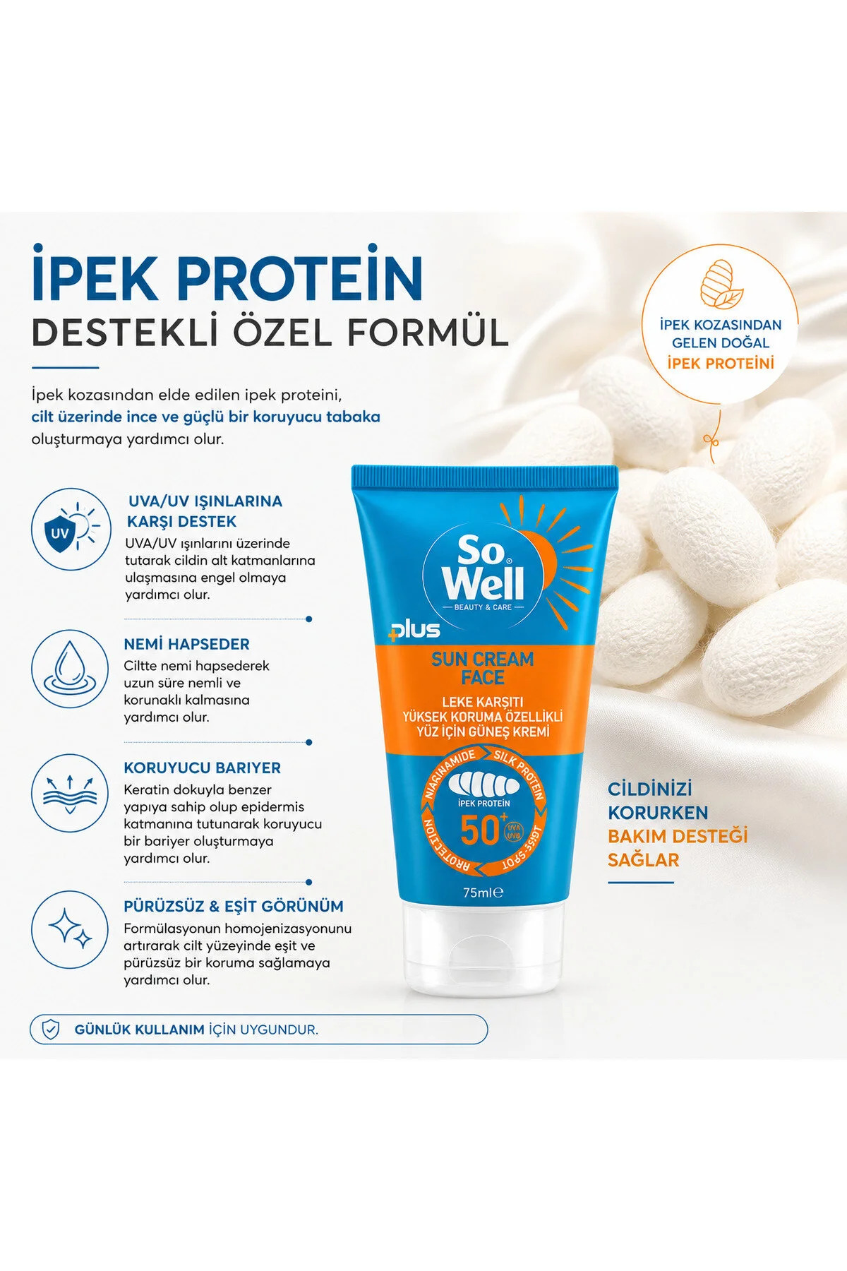 So well Leke Karşıtı Yüz İçin Güneş Kremi Spf 50+ Plus 75 ml + Hyaluronic Serum Hediyeli 20 ml — SW1 — تصویر 6 از 6