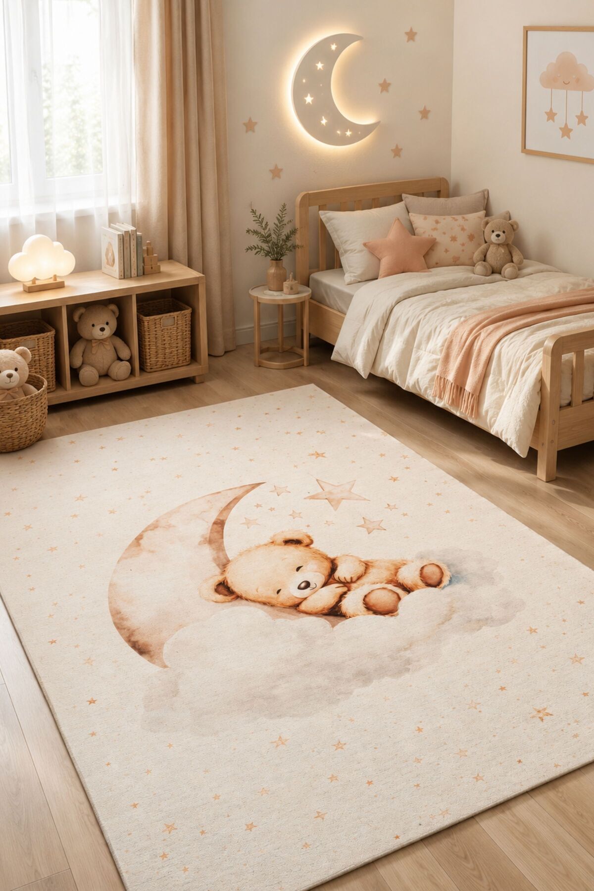 Cream with Teddy Bear Figure -Anti-Bacterial Anti-Slip Base Chenille Woven Children's Rug 8912