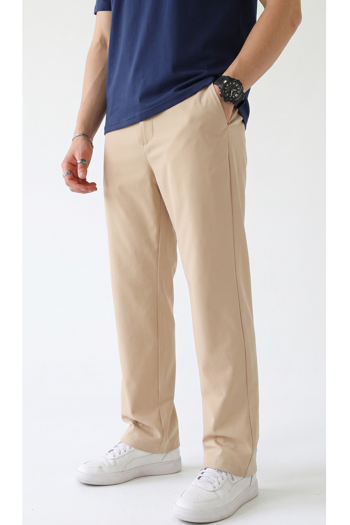 STRAVON Men's Beige Parachute Fabric Ultra Light and Thin Wide Leg Comfortable Fit Pants