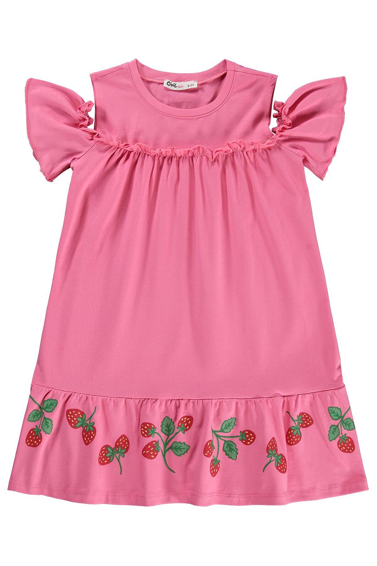 Civil Çilek Desenli 6-9 Yaş Elbise - Pembe