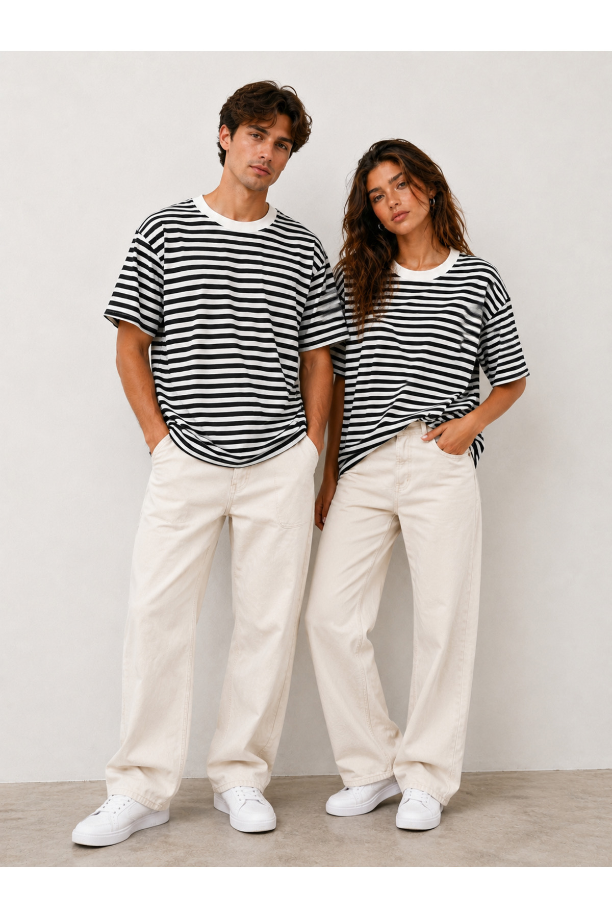 kayzn.tr  Unisex Siyah Beyaz Çizgili Oversize Basic Tişört
