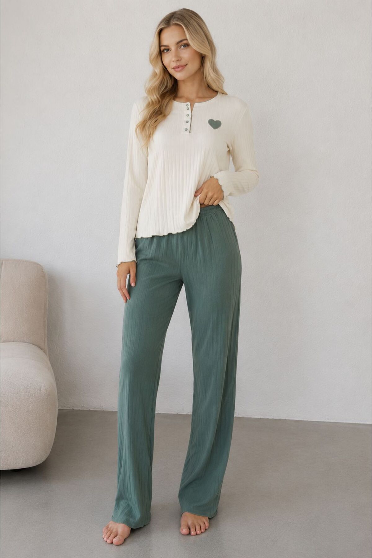 Mios Moda Nakışlı Turkuaz Pamuklu Kalp Detaylı Pijama Takımı görsel 2