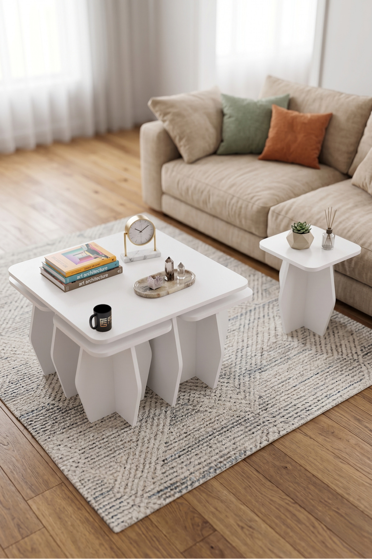 Orta Sehpa Ve Zigon Sehpa 5'li Set Modern Çok Amaçlı Salon Oturma Odası Yan Sehpa 9247 Beyaz görsel 3