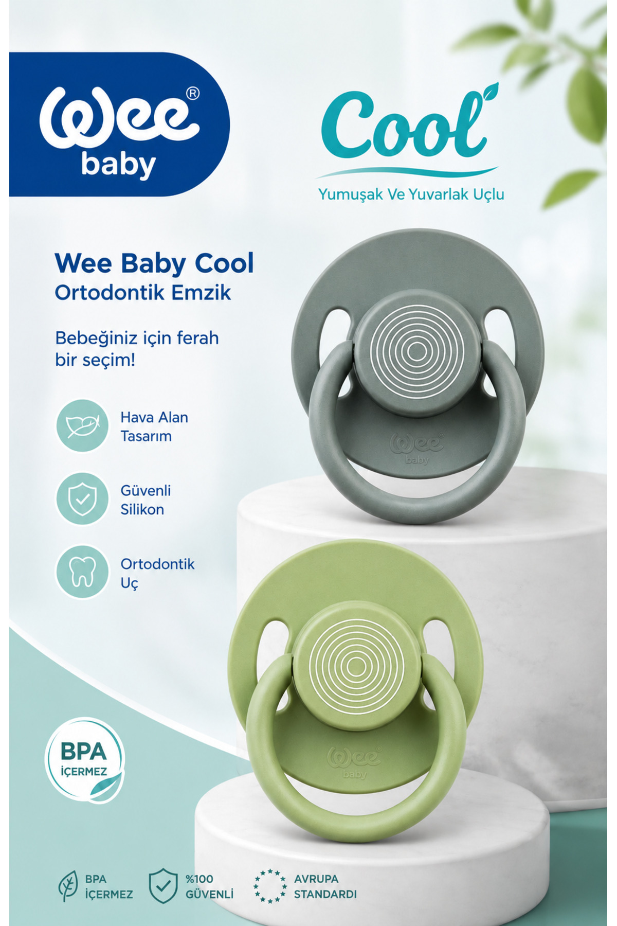 Wee Baby Cool Yuvarlak Yumuşak Uçlu Silikon Emzik 2'Li 18+Ay (Gri/Yeşil)