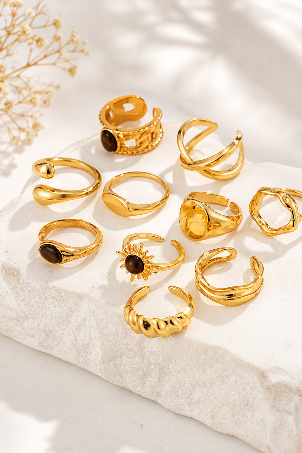 TREND COLLECTİON 10’lu Gold Ayarlanabilir Yüzük Seti - Vintage Kadın VİP Yüzük Set görsel 5