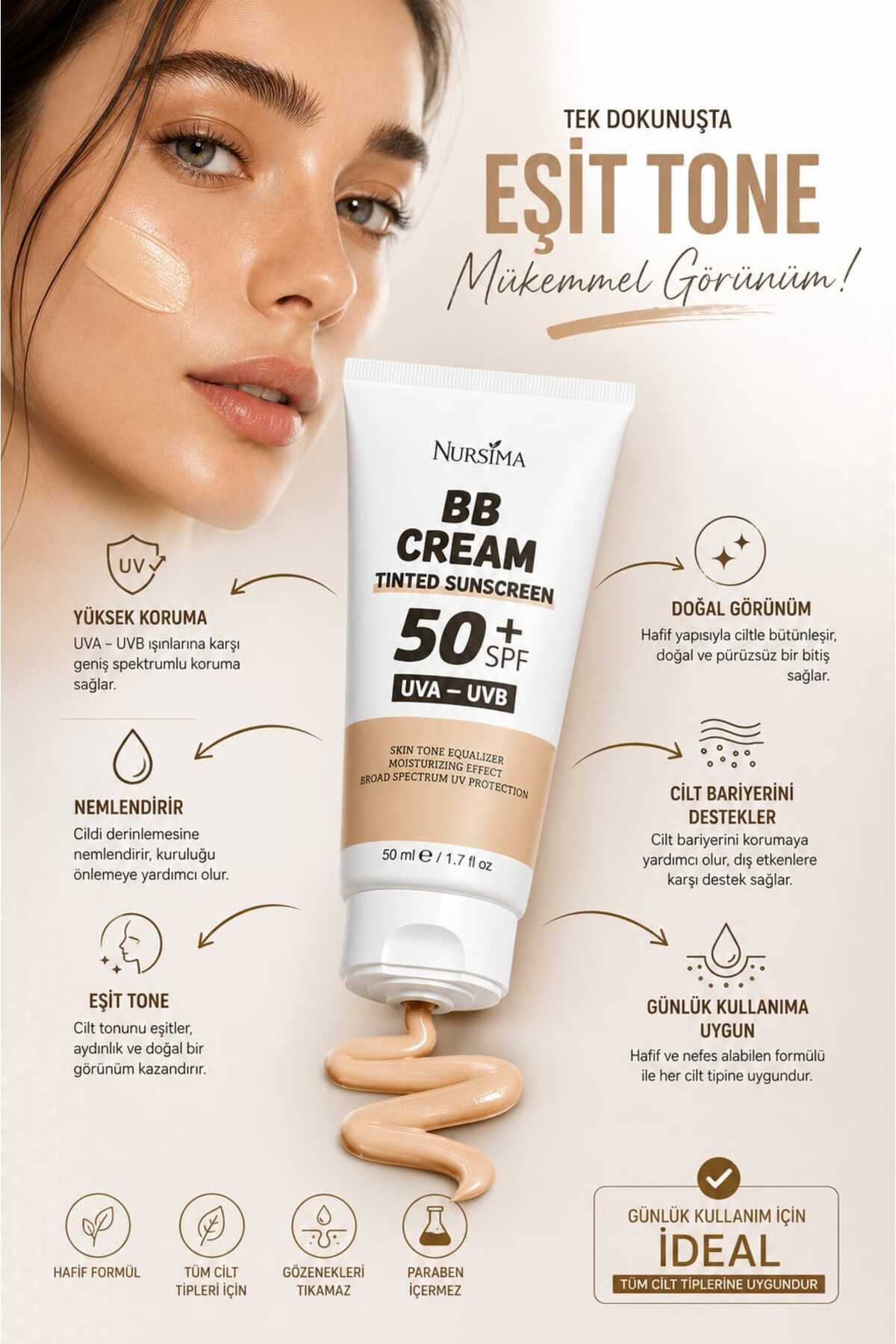 Fondötenli Güneş Kremi SPF 50+ Renkli Ton Eşitleyici UVA UVB Koruyucu — 64743454334 — تصویر 6 از 6