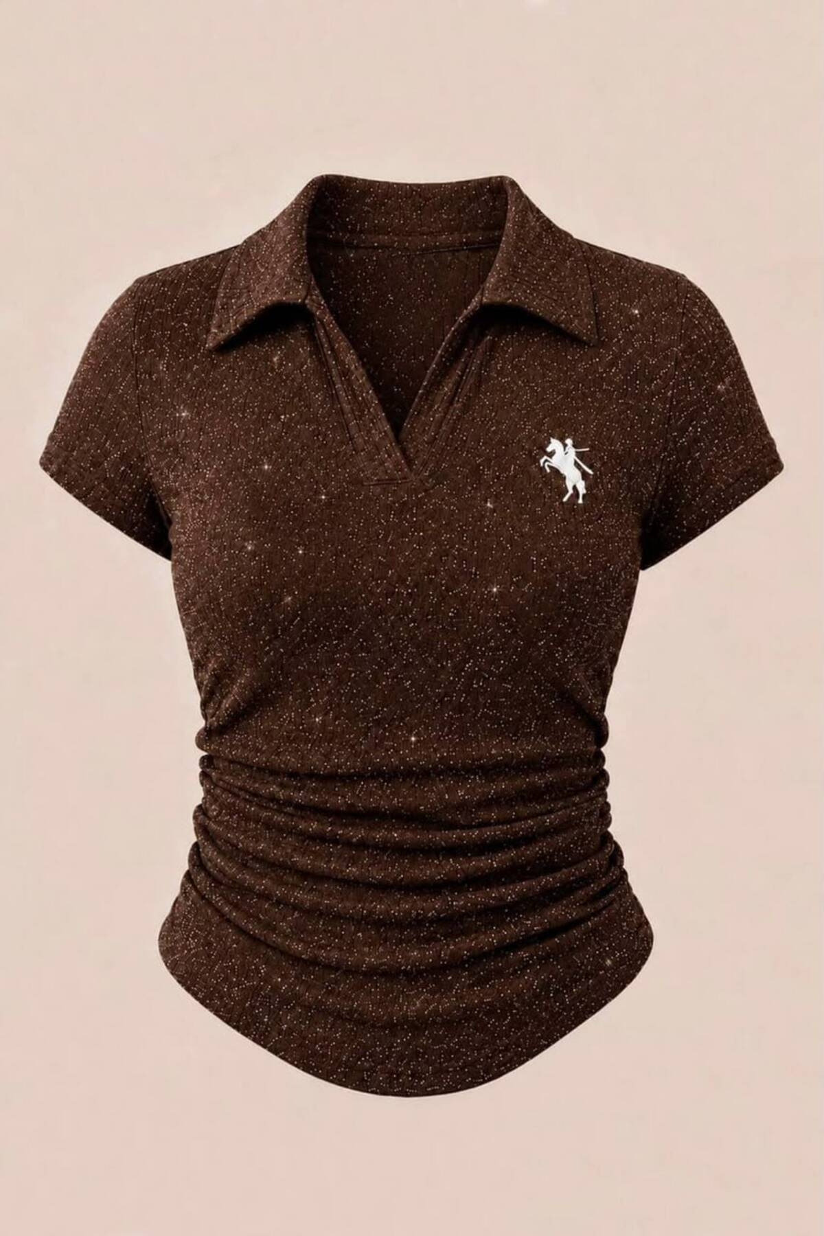 Glitter Polo Neck Ribbed Lycra Shirred Blouse