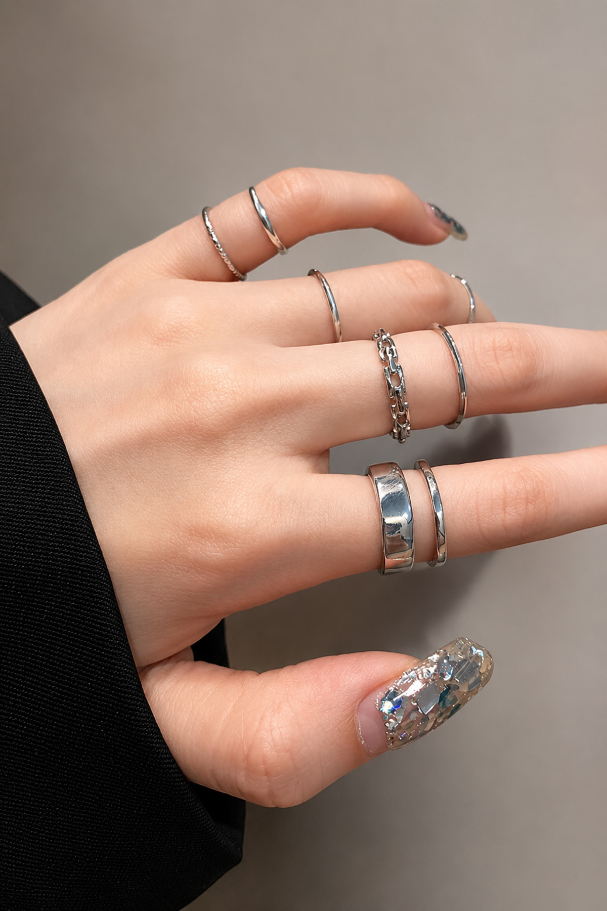 TREND COLLECTİON Kadın Gümüş Renk Çoklu Yüzük Seti - Minimal Kombin Yüzük Set görsel 2