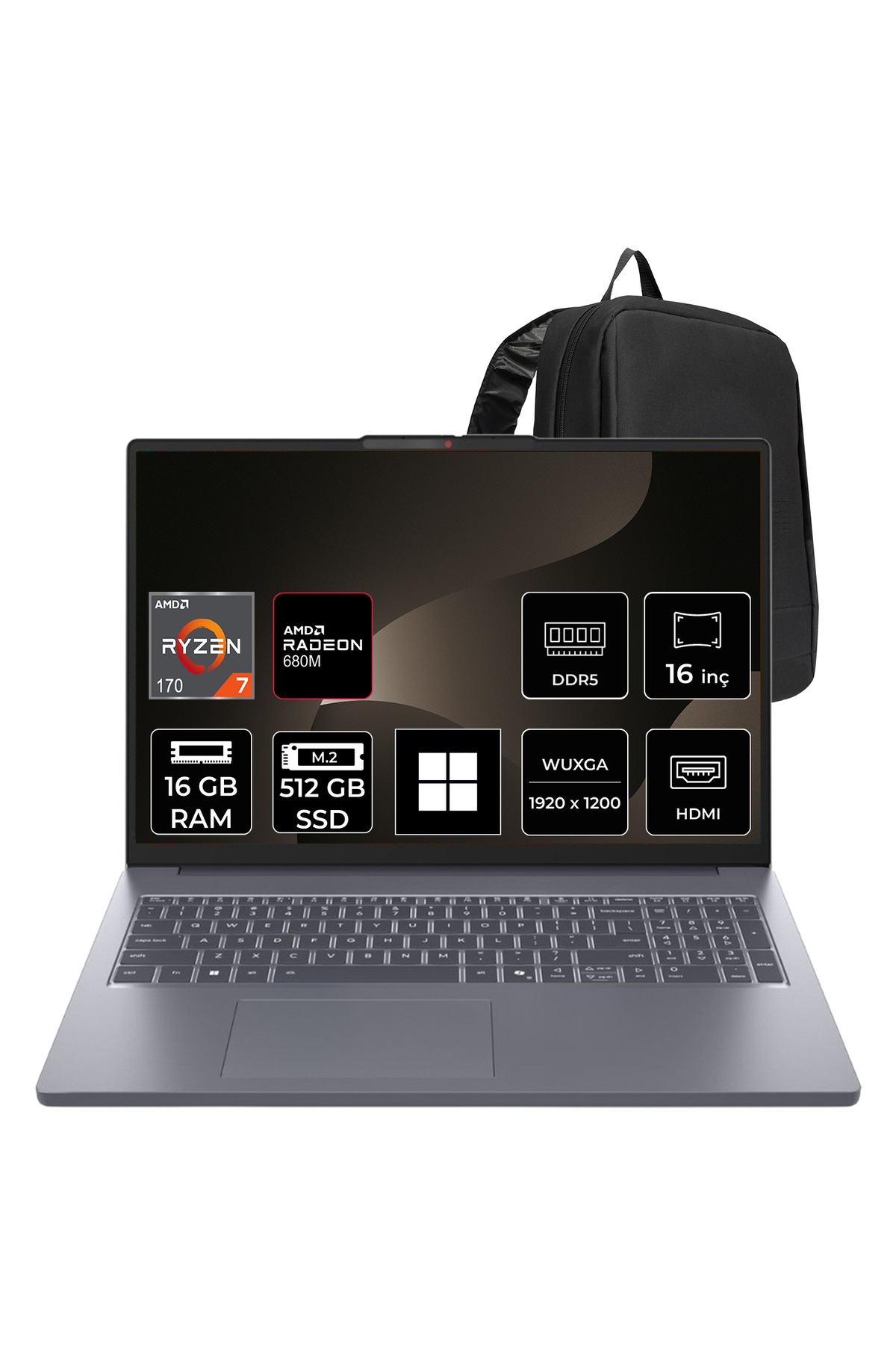 LENOVO IdeaPad Slim 3 16ARP10 AMD Ryzen 7 170 16 GB RAM 512 GB SSD 16" WUXGA (1920x1200) 60Hz IPS Win11 Pro 83K800DKTR7P308 Gaming Laptop + PER4 Çanta İşlemci