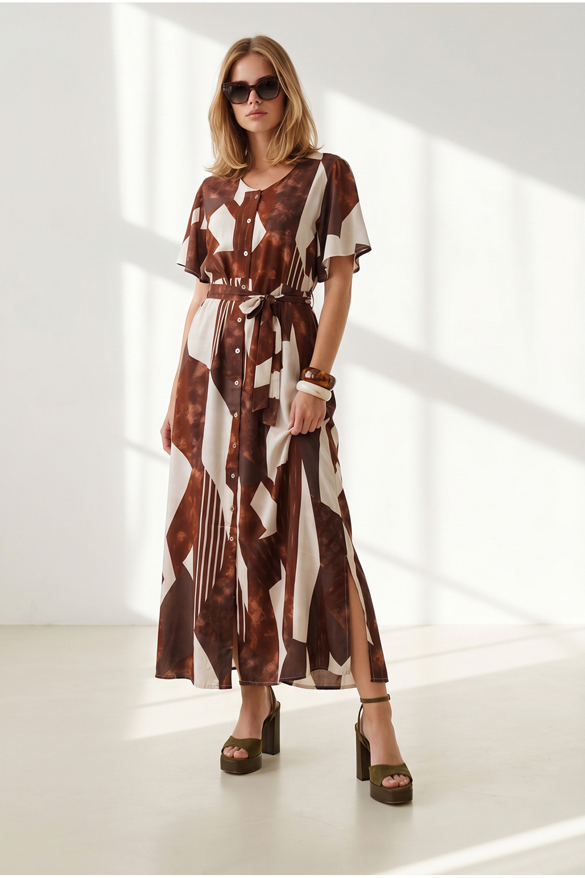 Women's Geometric Coffee Buttoned Belted Maxi Viscose Shirt DRESS-19002382