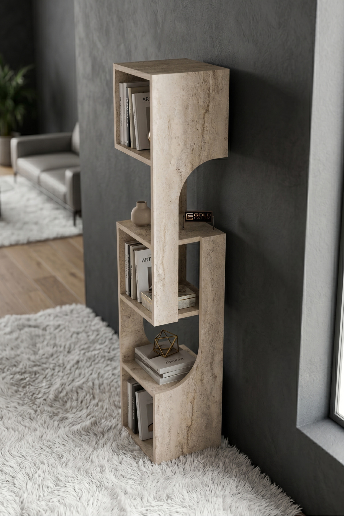 Kitaplık Ahşap Dekoratif Raf 5 Katlı Modern Çok Amaçlı Kitaplık Salon Ofis Kitaplığı 7065 Traverten görsel 3