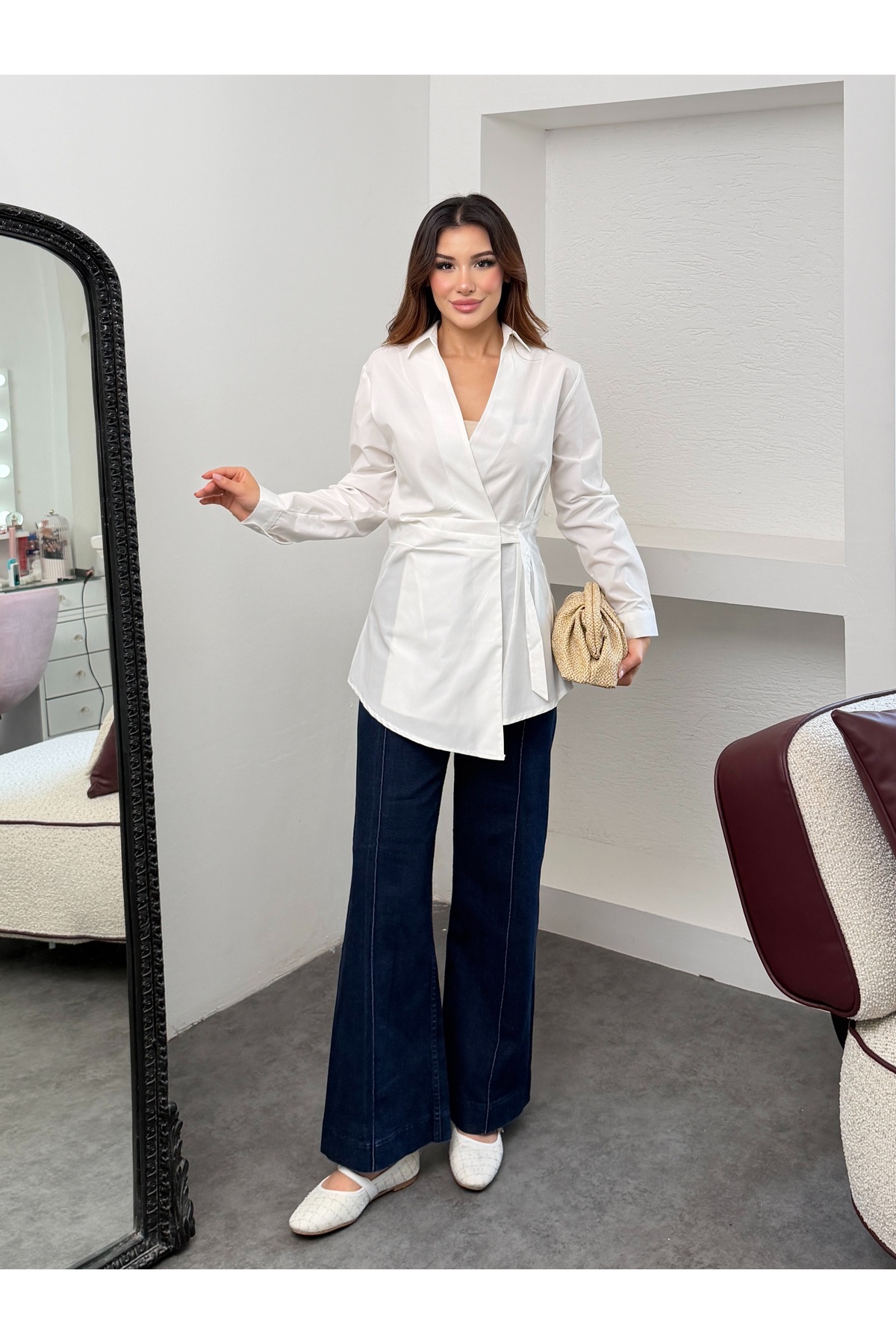 MiraMore Butik Women's Double-Breasted Collar Waist-Tied Long Sleeve Shirt