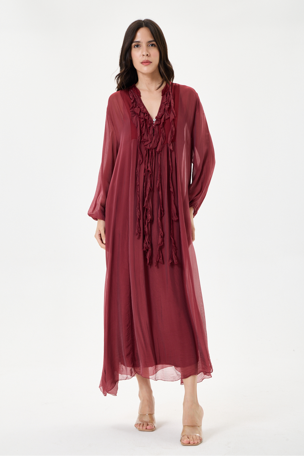 della moor Burgundy Italian Collar Ruffled Half Placket Buttoned Collar Lined Long Silk Dress 38 - 44 Size