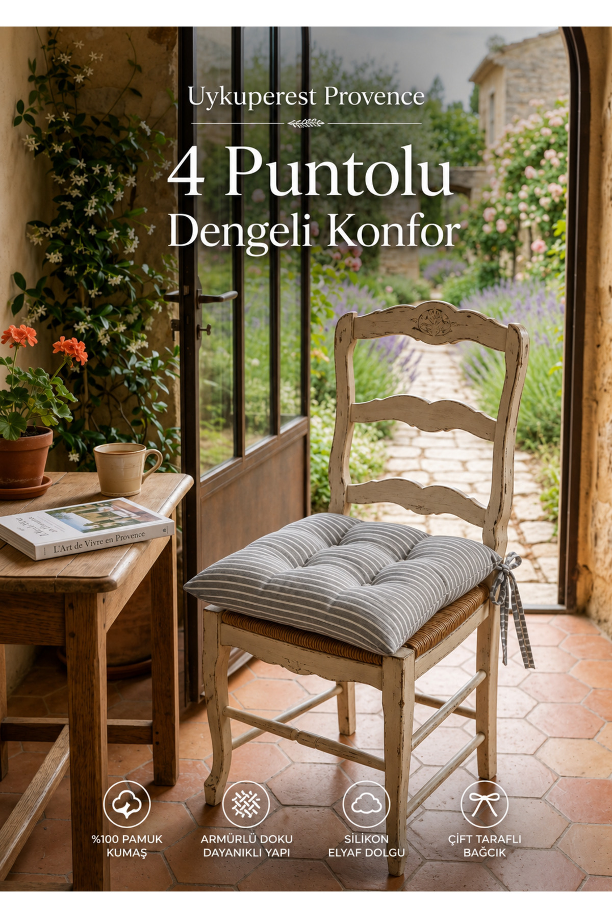 Pastello Pofidik Sandalye Minderi 40x40 Bağcıklı 4 Puntolu Silikon Dolgulu Pamuk Bahçe Balkon Tekli detay