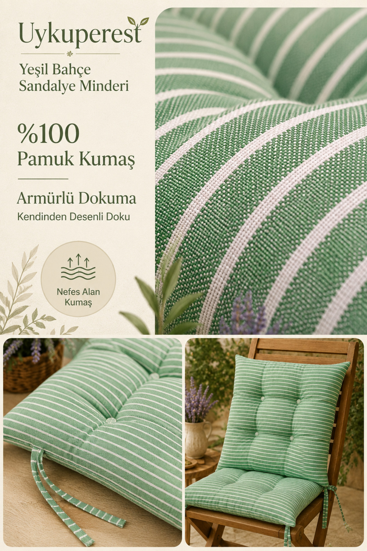 Pastello Pofidik Sandalye Minderi 40x40 Bağcıklı 4 Puntolu Silikon Dolgulu Pamuk Bahçe Balkon Tekli detay