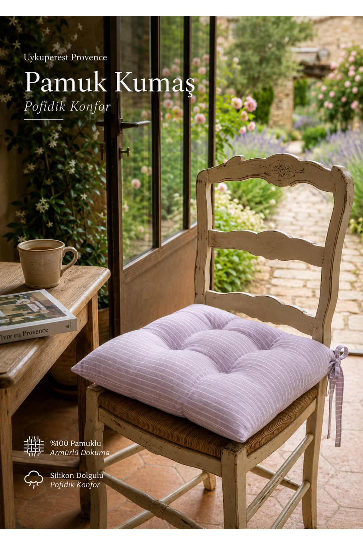 Pastello Pofidik Sandalye Minderi 40x40 Bağcıklı 4 Puntolu Silikon Dolgulu Pamuk Bahçe Balkon Tekli detay