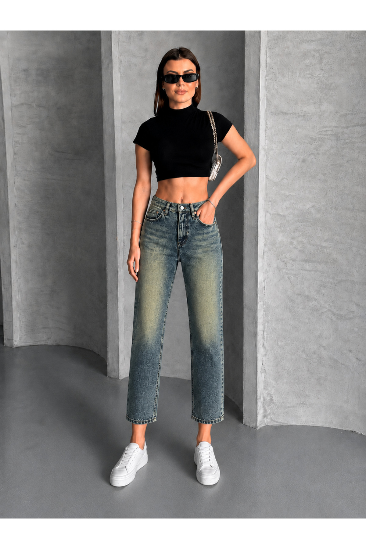 Safari Kadın Yüksek Bel Cropped Kalıp Dar Paça Jean Pantolon görsel 4