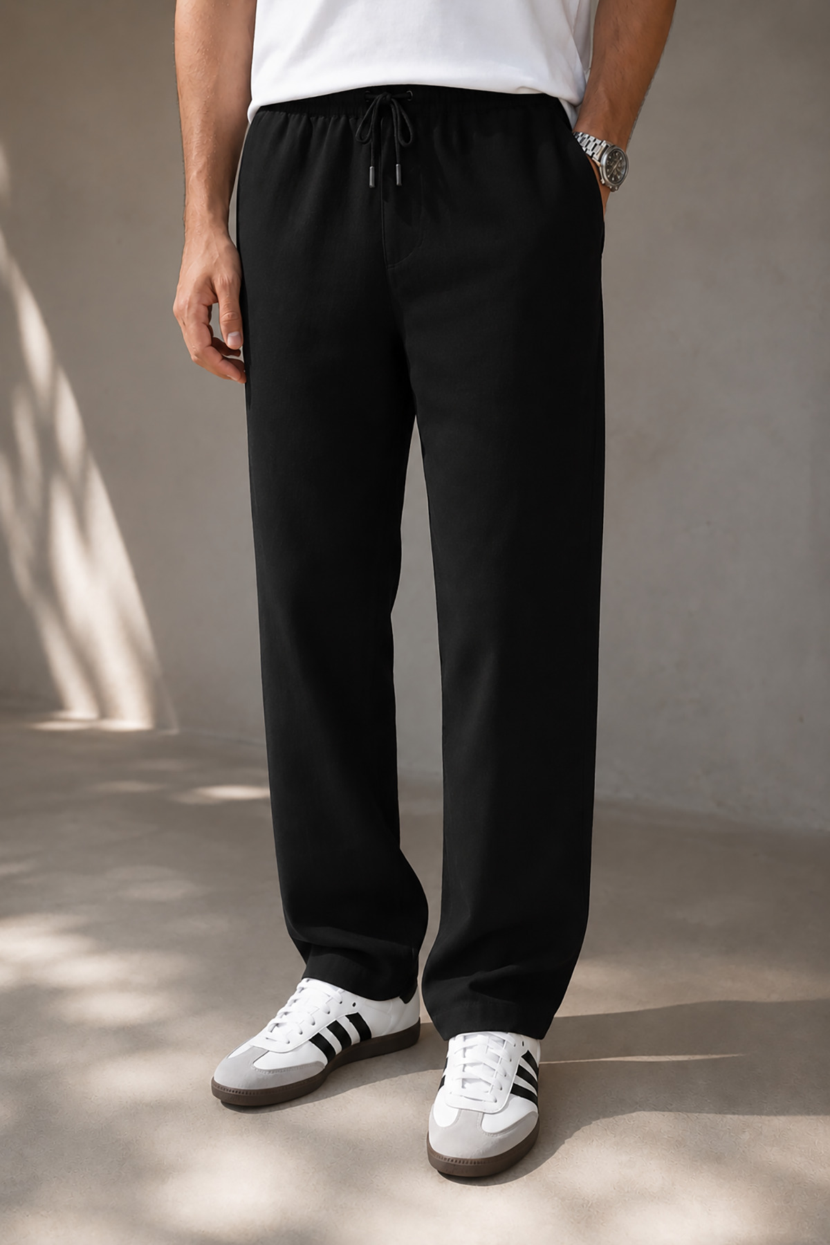 Bossago Men's Black Linen Trousers with Waist Tie