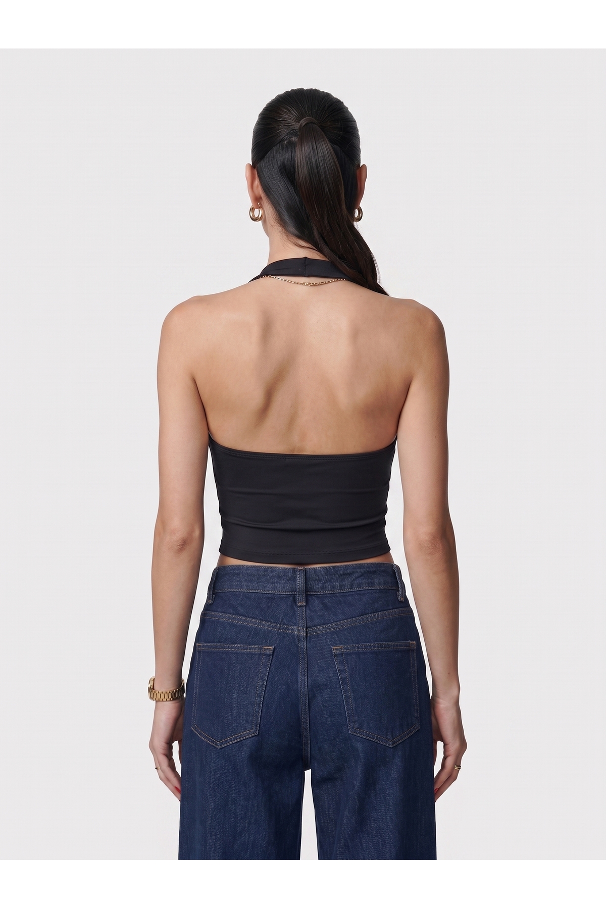 Kadın Halter Yaka Dar Kalıp Sırt Dekolteli Slim Fit Basic Body - Siyah 4