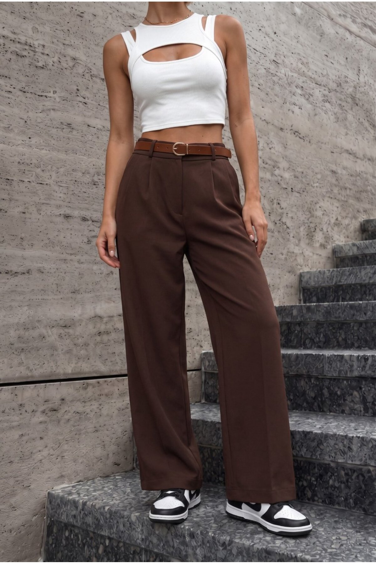 Kadın Kemerli Oversize Salaş Beli Lastikli Palazzo Pantolon KAHVE 7