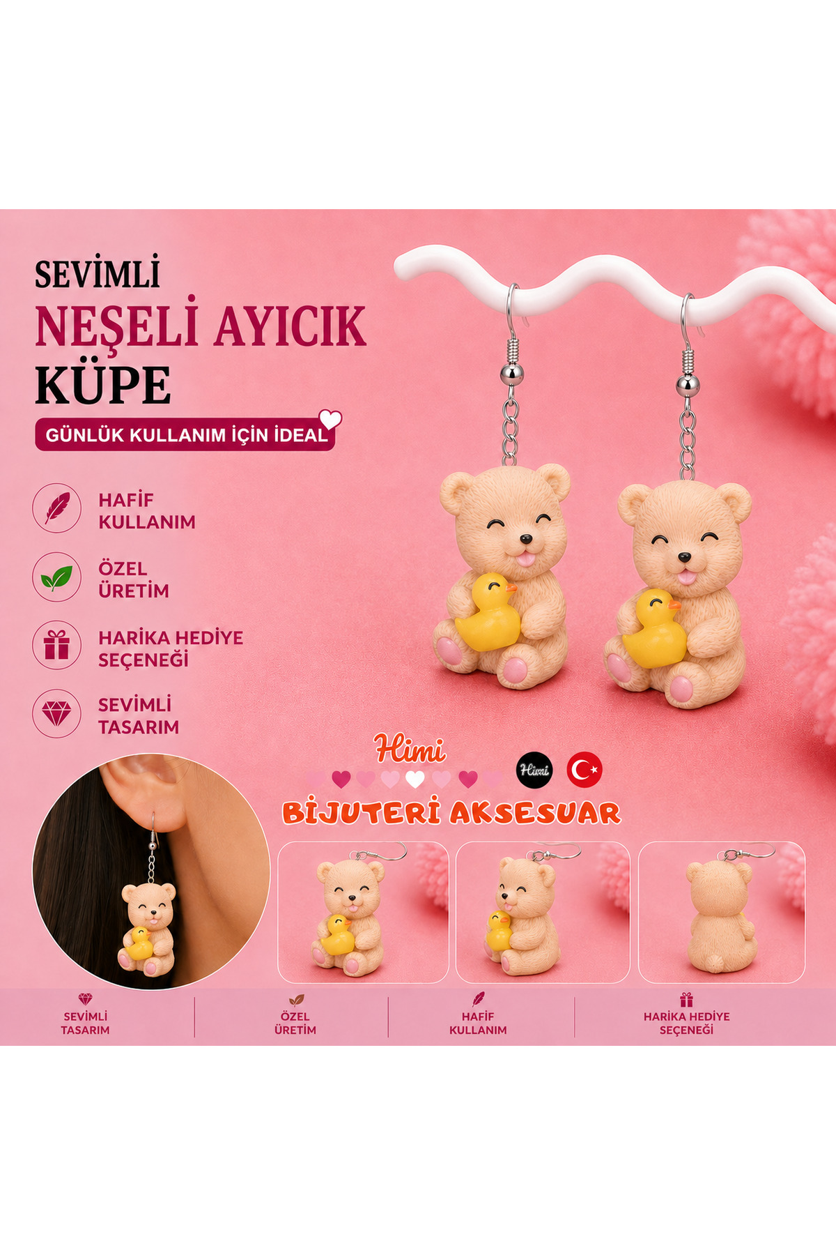 Neşeli Ayıcık Sevimli Hayvan Figürlü Sallantılı Küpe Hafif Tasarım Günlük Kullanım Bijuteri Çocuk Küpesi