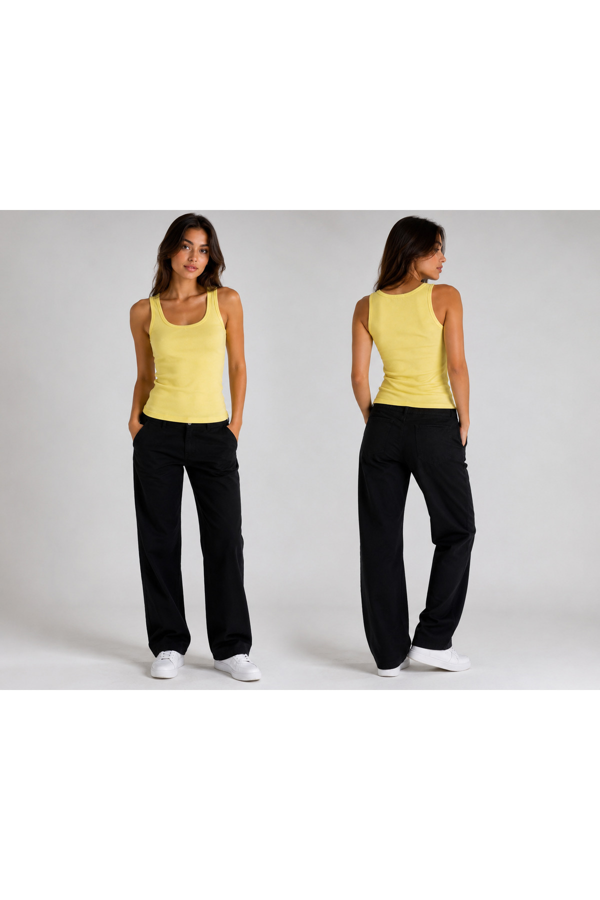 HELMİRA Kadın Limon Sarısı Askılı Kaşkorse Kumaş Fitilli Görünümlü Slim-Fit Basic Bluz-Atlet görsel 3