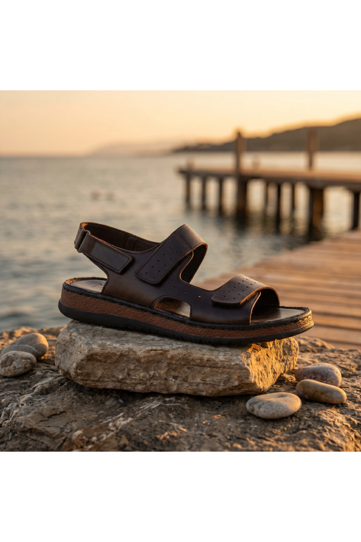 Fame Step Hakiki Deri Unisex Ortopedik Sandalet Acı Kahve Yumuşak Taban Cırtlı Comfort Yazlık Günlük Terlik görsel 8