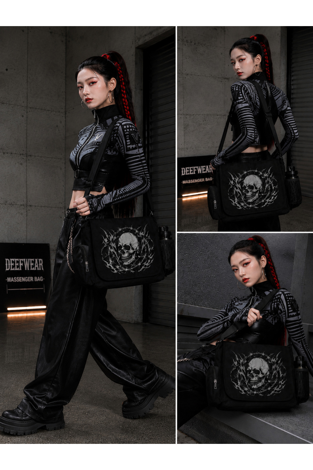 DEEFWEAR Skull Baskılı Unisex Siyah Messenger Bag Hacimli Postacı Çanta/ Laptop Çantası/ Okul Çantası görsel 3