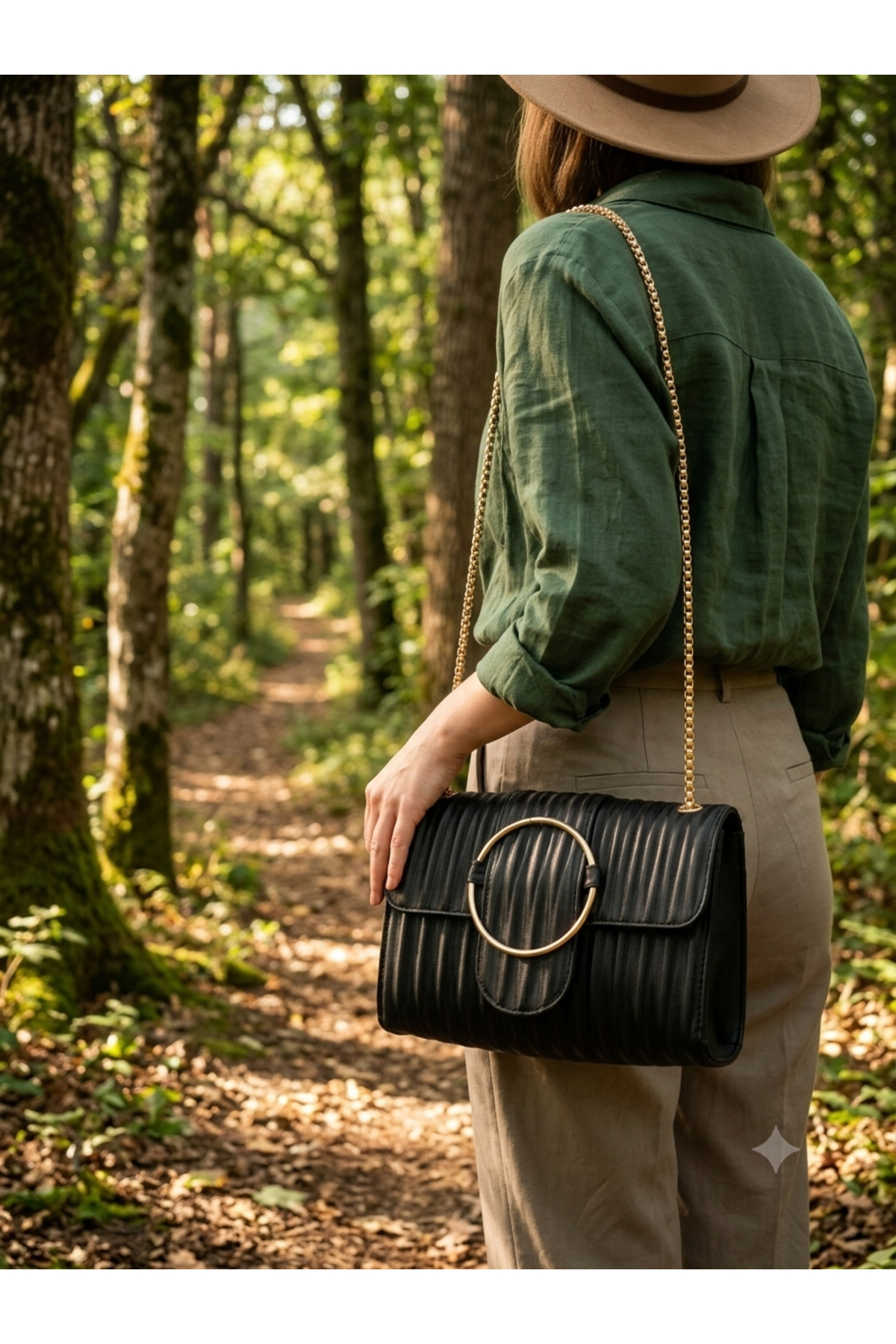 Genel Markalar Zerafet Store Kadın Siyah Pileli Gece Çantası - Altın Halkalı Zincirli Abiye Portföy Clutch görsel 4