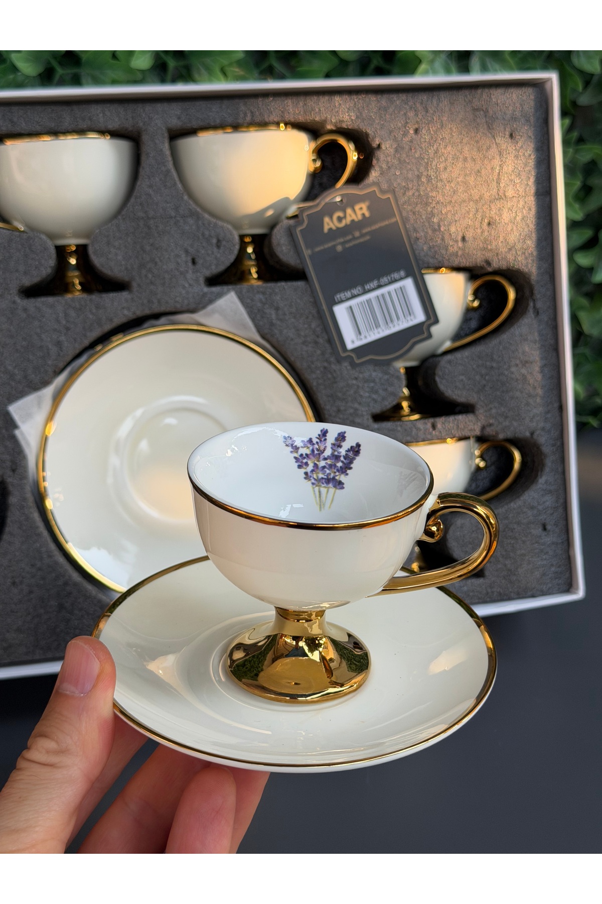 Porselen Miranda Gold Lavanta Desenli 6 Kişilik Kahve Fincanı Takımı