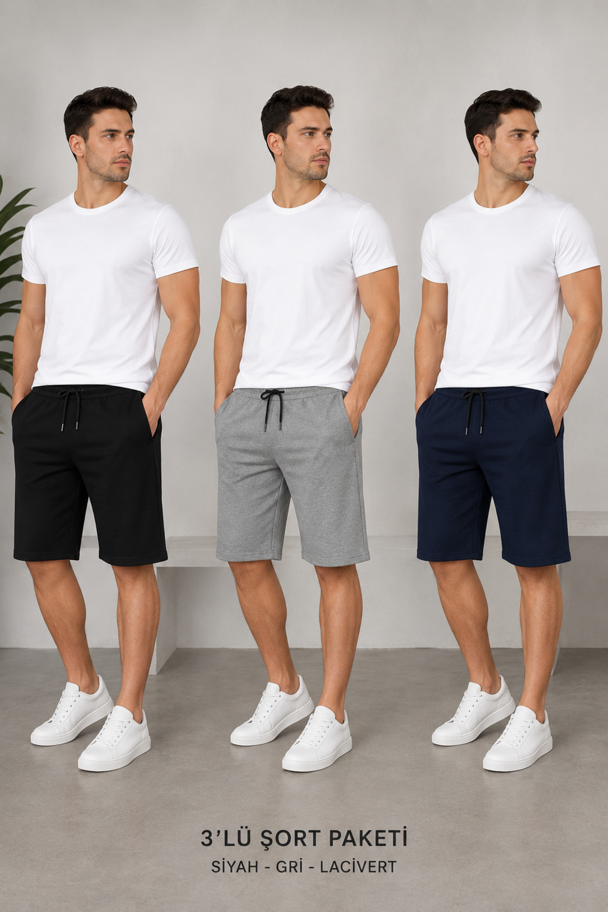 ADR MODA Men's 3-Pack Knee Length Shorts Black Gray Navy Blue Cotton Sports Shorts with Pockets