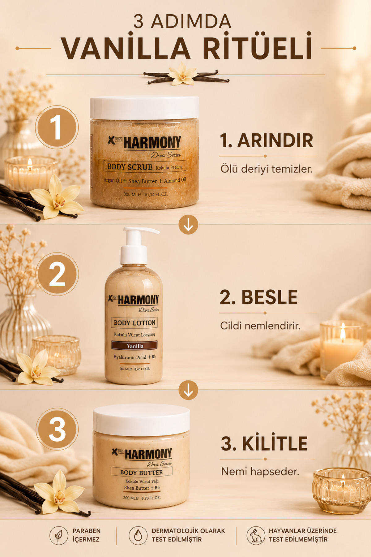 Vanilla Ritüeli 3’lü Vücut Bakım Seti 750 ml | Body Scrub + Body Lotion + Body Butter — PH-VRS-VAN-750 — تصویر 2 از 6