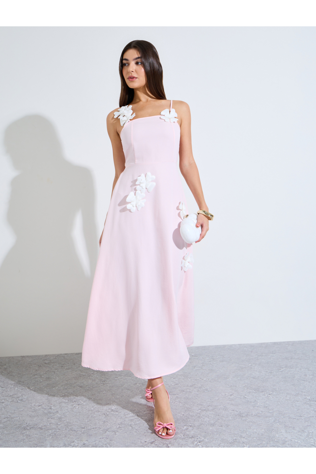Styli Pink 3D Floral Applique A-Line Maxi Dress