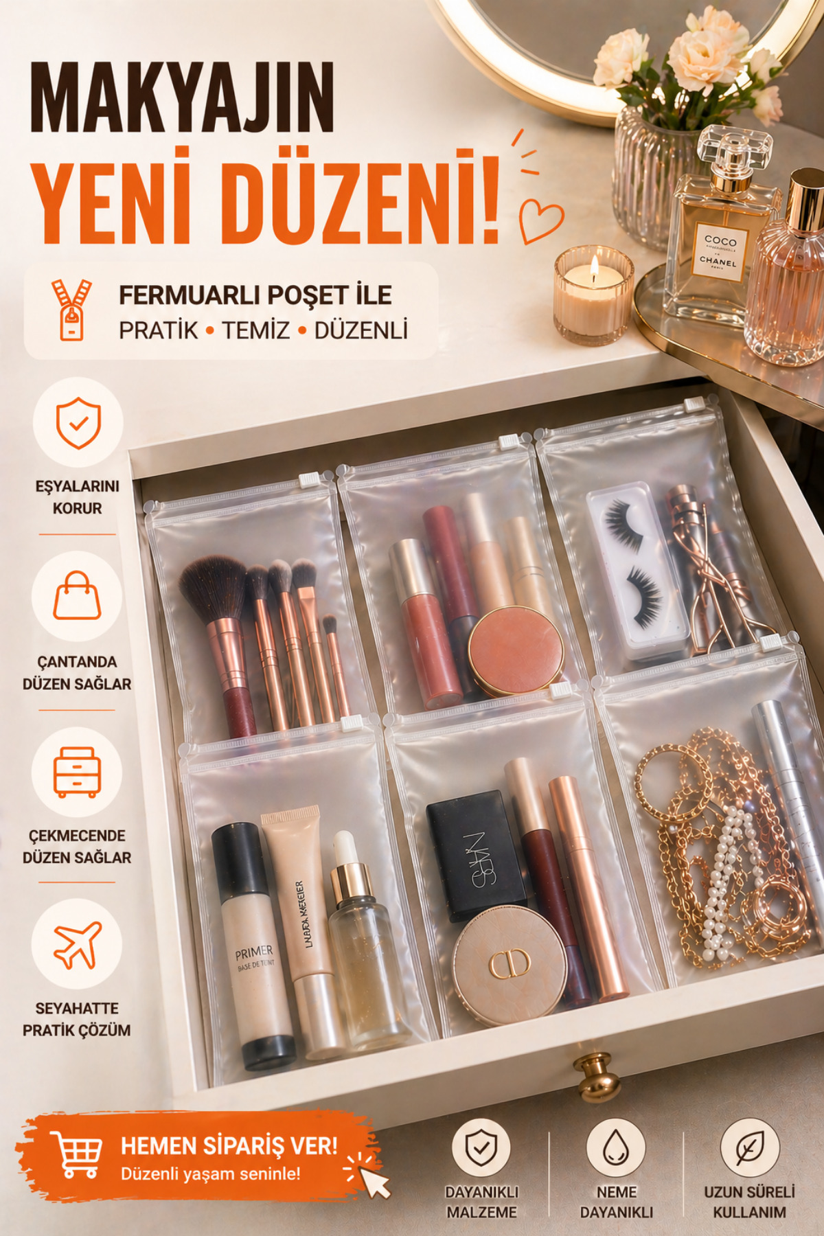 Fermuarlı Organizer 20x20 Cm | 1 Adet | Buzlu Şeffaf Makyaj Çantası, Kozmetik ve Çok Amaçlı Torba — PS-FO-2020-01 — تصویر 3 از 8