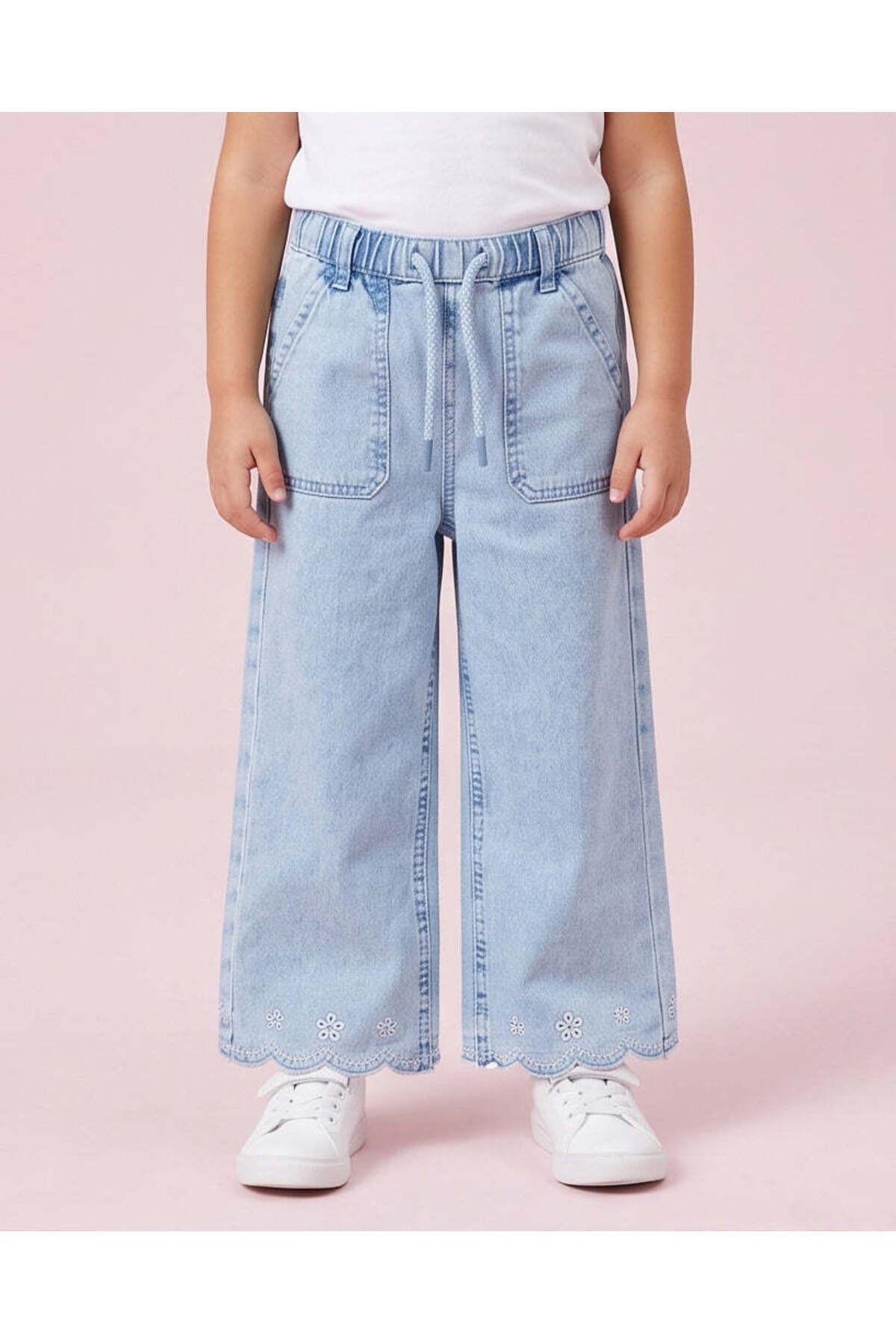 REDTAG Girls Light Wash Scalloped Embroidered Trousers