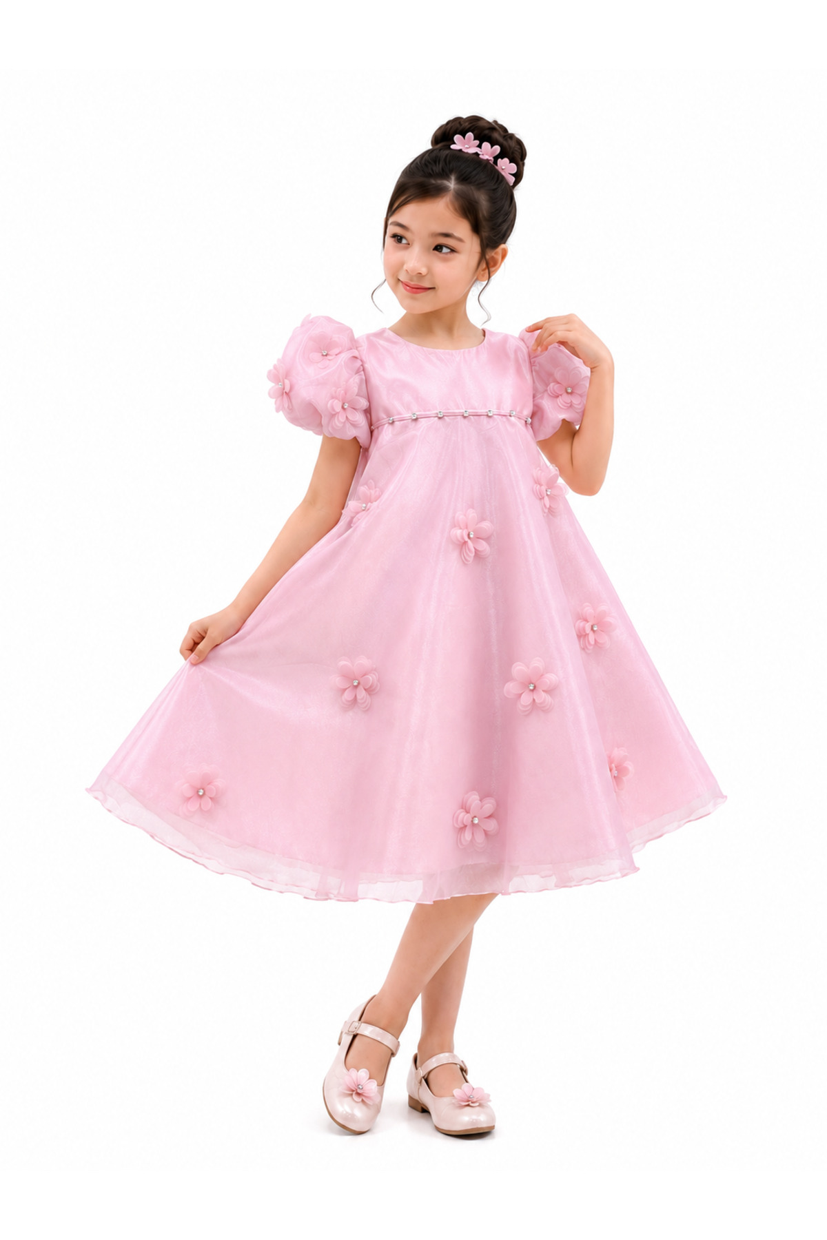 Girls Luxury Floral Puff Sleeve Occasion Dress – Light Pink
