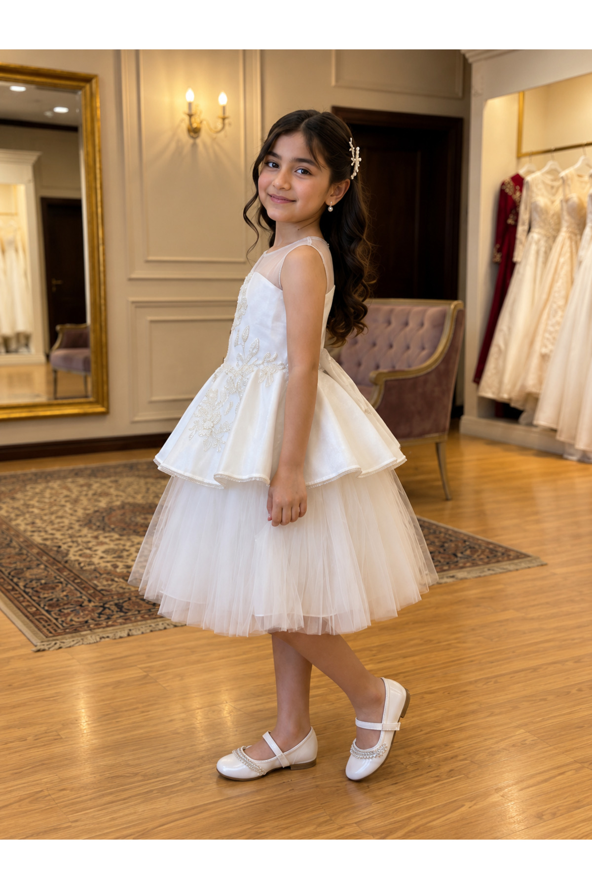 Girls Luxury Floral Embroidered Party Dress – White
