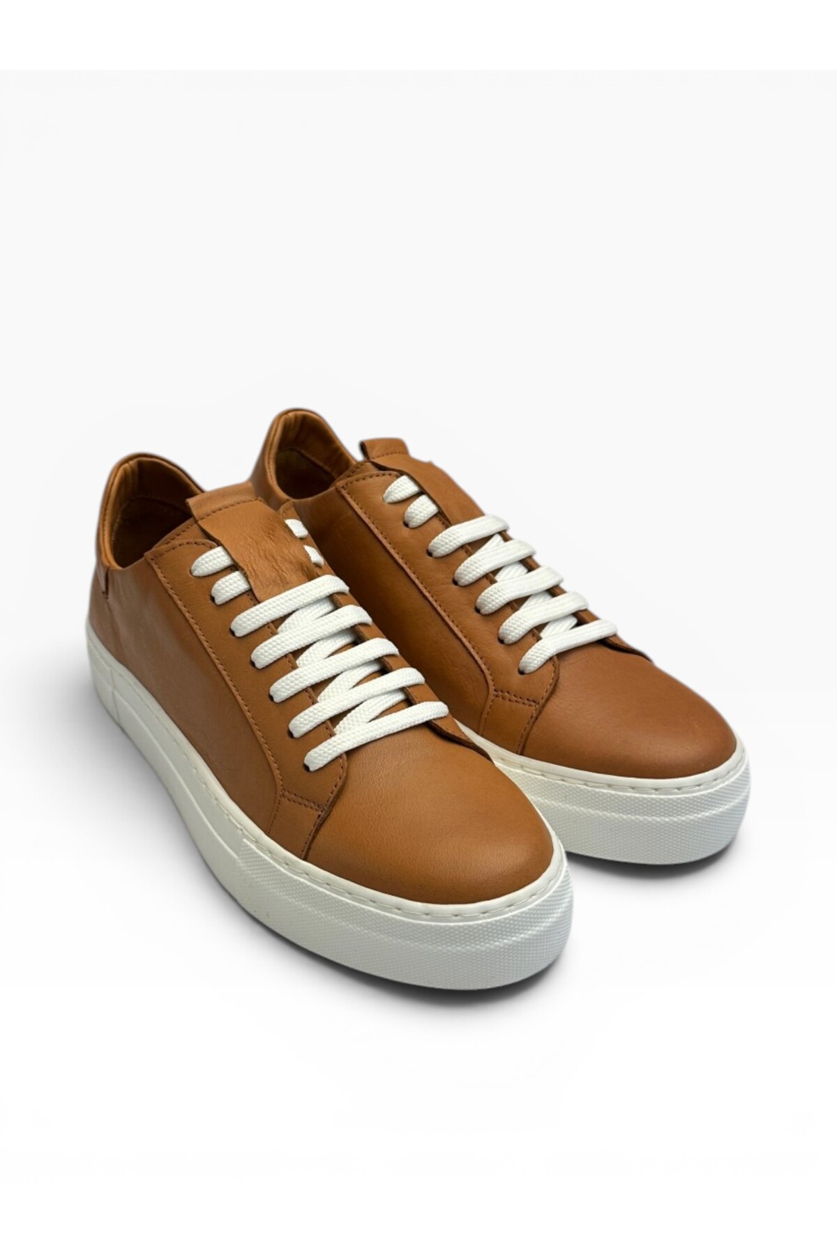 West To West Westtowest Kadın Taba Hakiki Deri Sneaker - Beyaz Kalın Tabanlı Bağcıklı Şık Günlük Spor Ayakkabı görsel 5