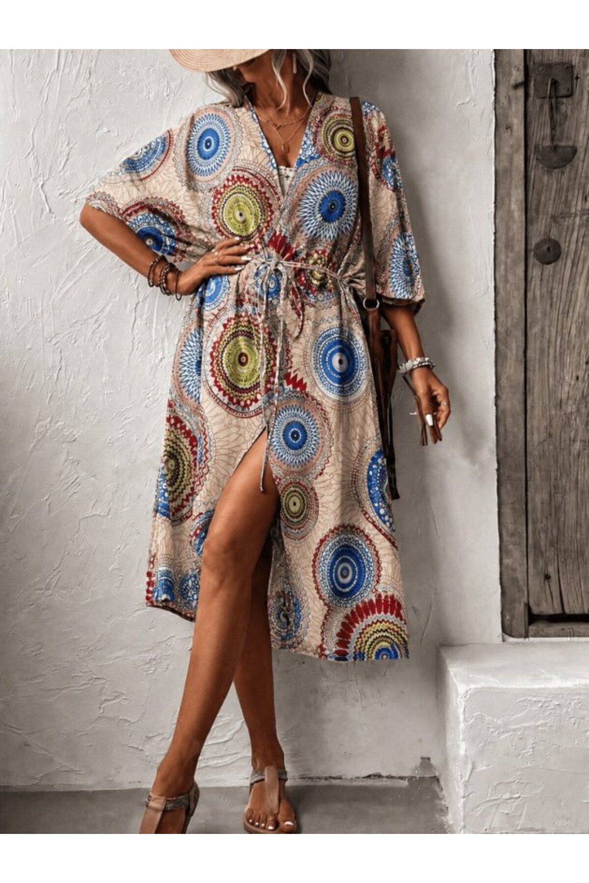 Kadın Kısa Kollu önü Açık Belden Kuşaklı Uzun Kimono