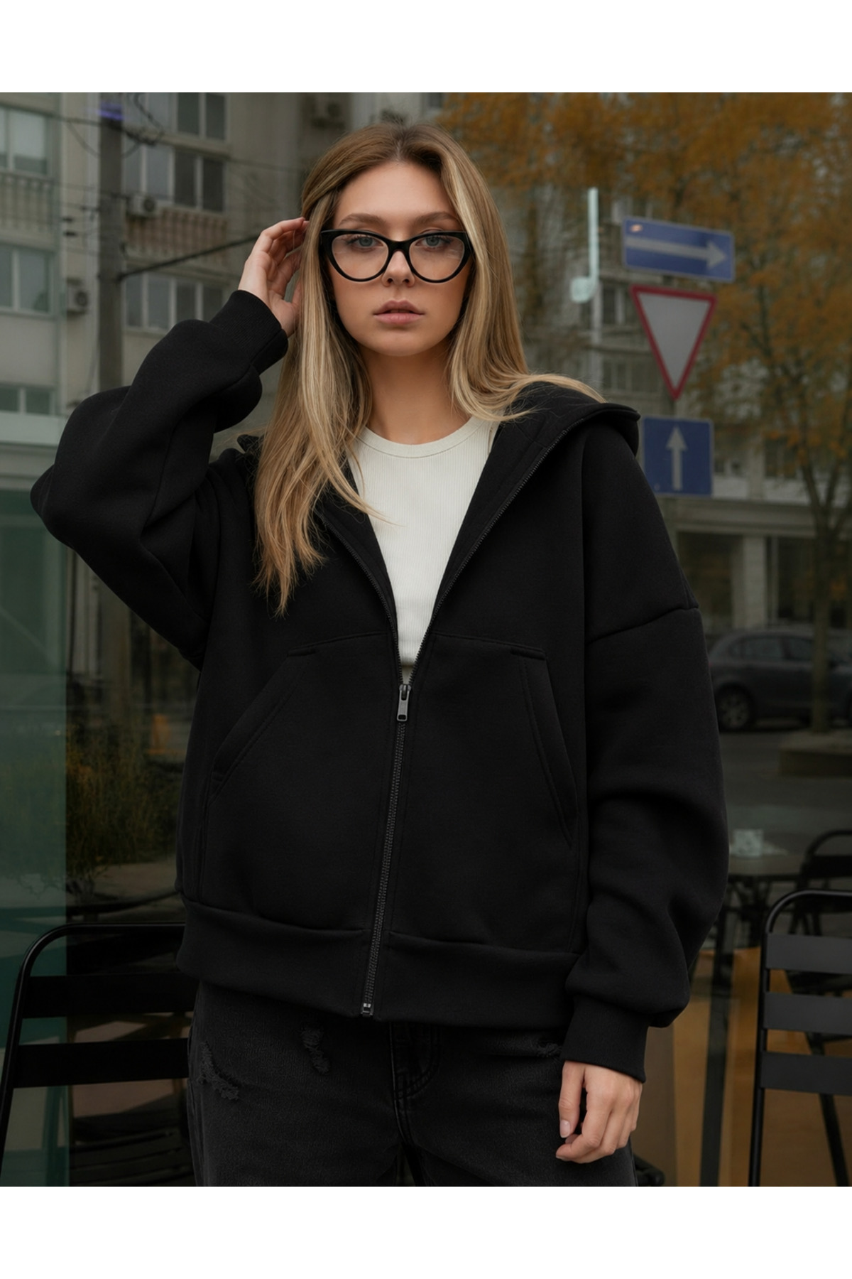 YAKAMEL KADIN OVERSİZE KAPÜŞONLU FERMUARLI HIRKA SWEATSHIRT görsel 4