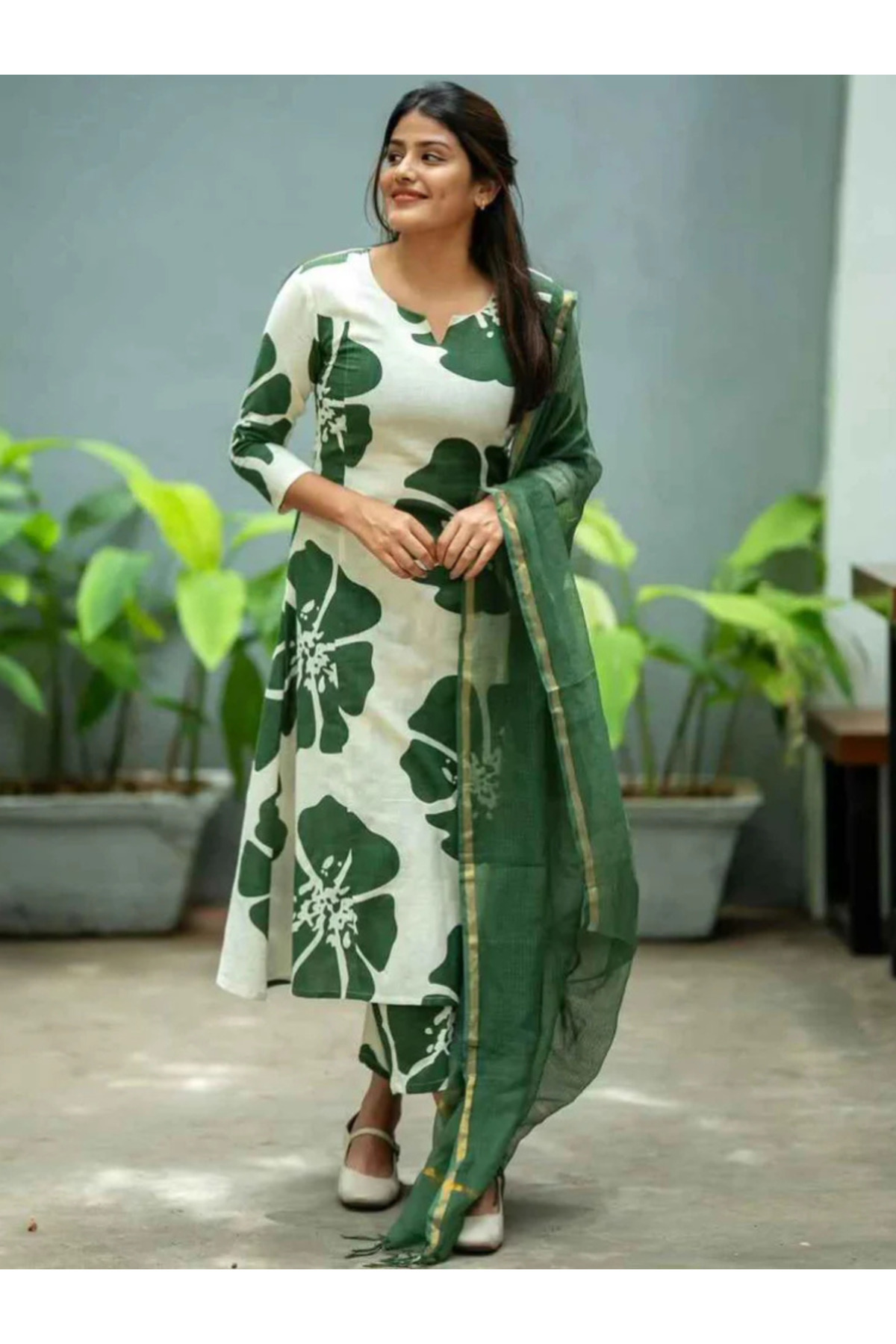 MYSMAR White & Green Viscose Rayon Salwar Kameez & Dupatta - VRN1035-White-Green-Size-M-38-Inches