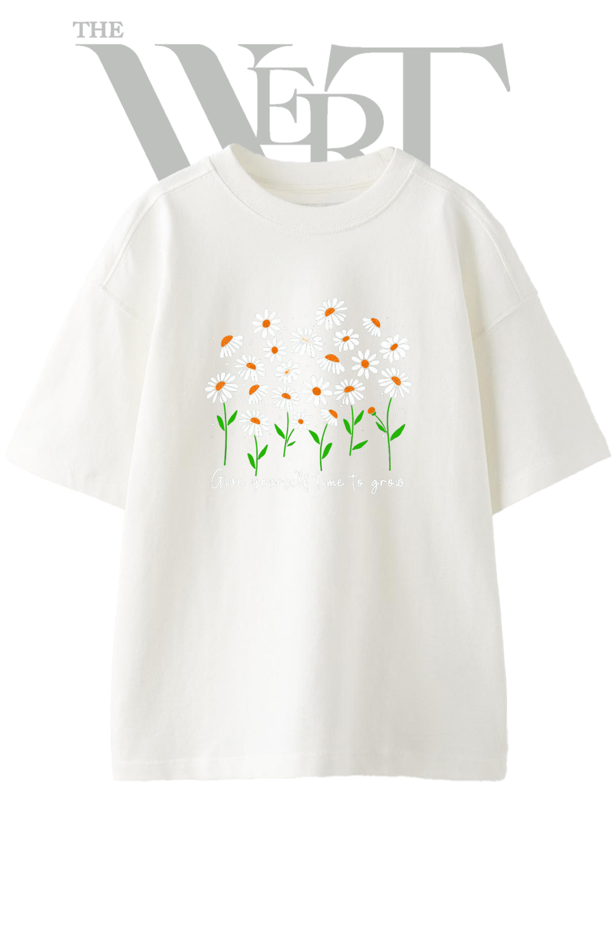 THEWERT Papatya Cicek Design Printed Unisex White Oversize T-Shirt