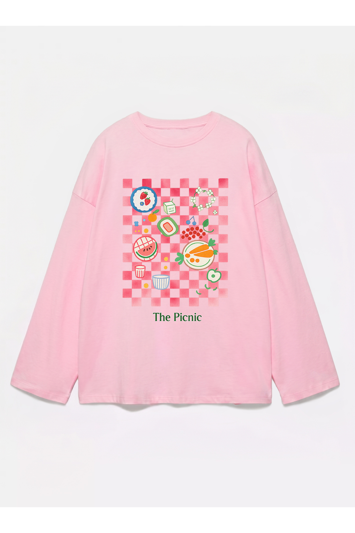 Disante %100 Pamuk Oversize Fit The picnic Baskılı - Bisiklet Yaka Uzun Kollu T-shirt